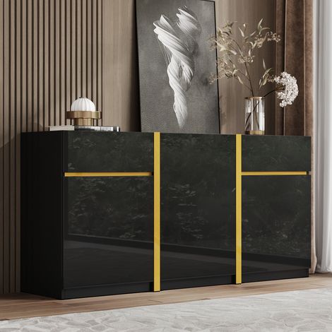 Credenza madia design moderno nero laccato lucido - 160 cm - 3 ante e 2 cassetti con dettagli dorati - Mobile contenitore di lusso per soggiorno e ingresso