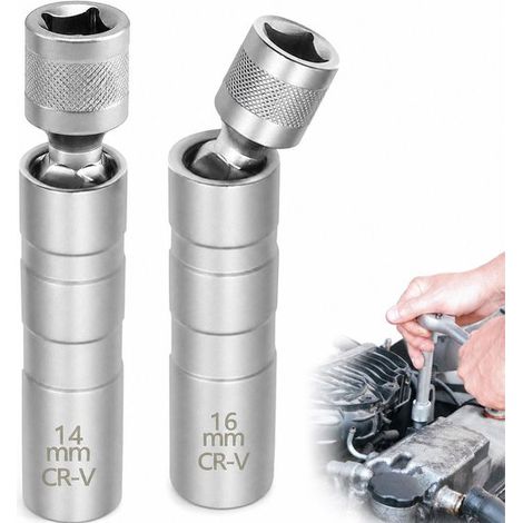 Clés à bougie, lot de 2, douilles magnétiques 14 et 16 mm avec articulation à bille 3/8", pour entretien automobile (1/5)