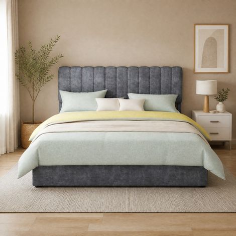 Bettgestell 160x200 cm Grau aus Stoff und Metall mit gepolstertem Kopfteil und Stauraumbasis (1/5)