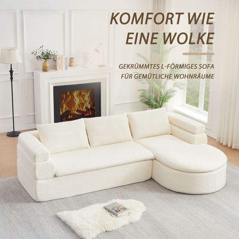Canapé d'angle en L avec méridienne, canapé moderne en chenille au motif nuage, canapé 3 places confortable pour salon avec surface inclinable incurvée, revêtement douillet blanc crème pour salon et a (1/4)