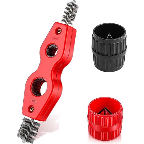 Lot de 3 outils d'ébavurage pour tuyaux en cuivre - Ébavureur et nettoyant pour tuyaux en PVC et en acier - Pour l'intérieur et l'extérieur - Avec brosse d'extension de tuyau - Outil (1/5)