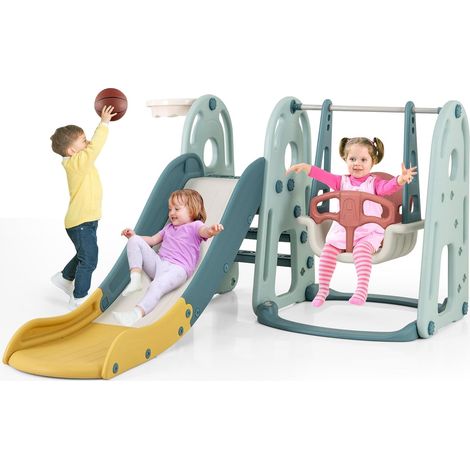 COSTWAY 4 in 1 Set di Scivolo per Bambini, Parco Giochi con Altalena Canestro da Basket e Arrampicata, Pallone da Basket e Pompa, per Bambini 18 Mesi +, 198x149x96 cm