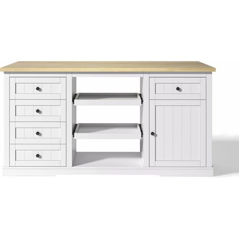 Buffet blanc multifonction avec 5 tiroirs, 2 plateaux coulissants et plan pliant extensible - 150×65×75 cm (1/5)