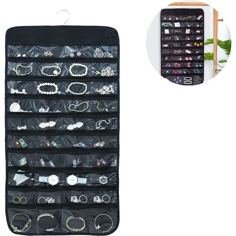 Organizador de joyas colgante para armario, almacenamiento de joyas de doble cara, 80 bolsillos, bolsa de almacenamiento transparente para accesorios: anillos, pendientes, collares y pulseras.