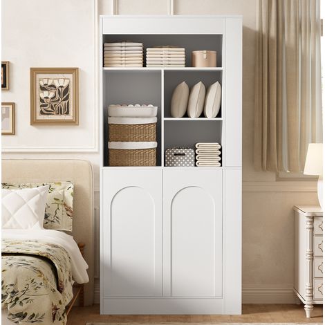 Armoire haute 2 portes, étagères ouvertes et niches latérales blanche 85x35x180 cm HAVRYA (1/5)