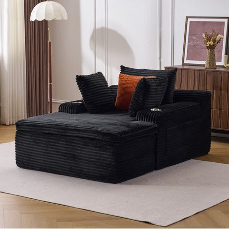 Chaiselongue 165 x 112 x 63 cm aus schwarzem Cordstoff mit Kissen und Decke (1/5)