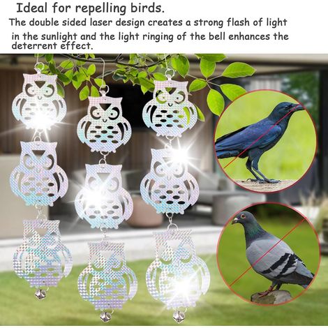 repelentes colgantes para pájaros, repelentes para pájaros de exterior con forma de búho y campana para jardín y balcón, para ahuyentar pájaros, proteger plantas y árboles frutales (búho). (1/3)