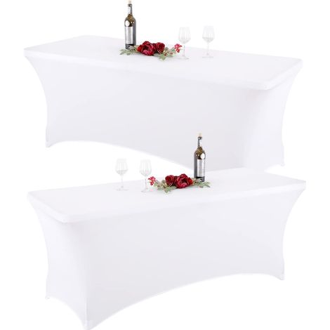 2 Packs Nappe de Table Elastique Blanche - Housse de Table en Spandex pour 180cm Nappe Table rectangulaire, Lavable en Machine Nappes Fête Mariage Buffet Rectangulaires (1/5)