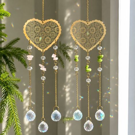 Ensemble Attrape-soleil en Cristal – 2 Pièces – Suspensions de Fenêtre en Forme de Cur avec Pierre Naturelle – Rose & Vert – 41 cm – Capteurs de Lumière Arc-en-ciel – Doré (1/5)