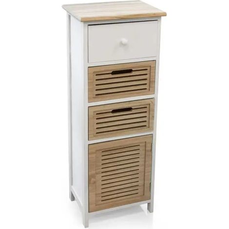 Schrank mit 3 Schubladen und 1 Tür, 34 x 25 x 95 cm, shabby chic, weiß matt und naturholz
