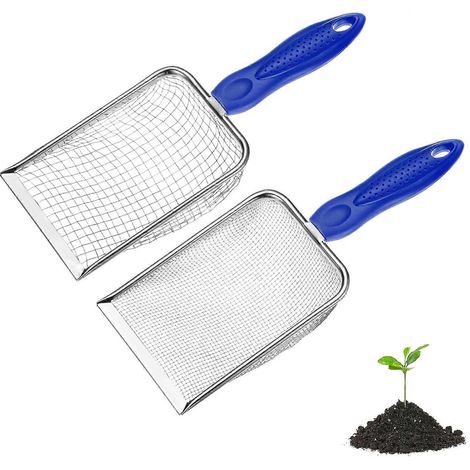 Tamis à terre jardin METERXITY lot de 2, maille 5/28 mm acier inoxydable, poignée antidérapante, pour sable, terre, cailloux, compost, blanc/bleu (1/5)