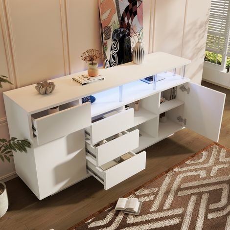 Sideboard Weiß mit LED Beleuchtung und 4 Schubladen, Moderne Kommode aus Holz mit 2 Türen, Mehrzweckschrank 160x40x75 cm für Wohnzimmer (1/5)