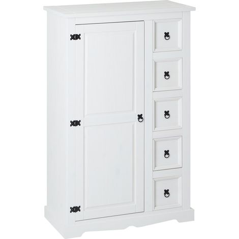 Idimex – Buffet en pin massif lasuré blanc – 1 porte avec 4 étagères et 5 tiroirs – Dimensions 150 x 95 x 45 cm (H x L x P)
