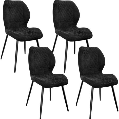 Lewe – Lot de 4 chaises salle à manger – Pieds en métal – Revêtement lin noir à motif diamant – Coussin en éponge pour confort optimal
