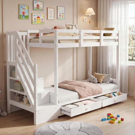 Multifunktions-Etagenbett 90x200 cm Weiß aus Massivholz und MDF mit Sofa, Treppenschrank und Stauraum (1/5)