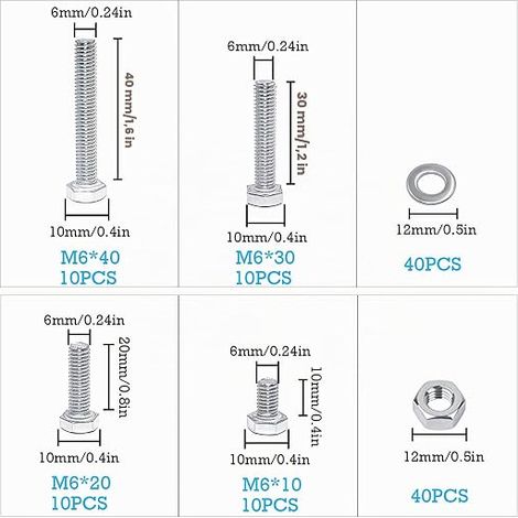 Hex Head Screw M6 x 10 - 40mm Stainless Steel 304 Bolt and Nut Washer (1/4)