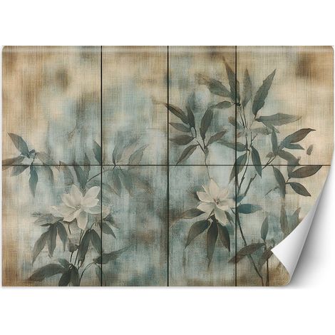Papier peint pousses de plantes et fleurs sur fond pastel 100x70 (1/5)