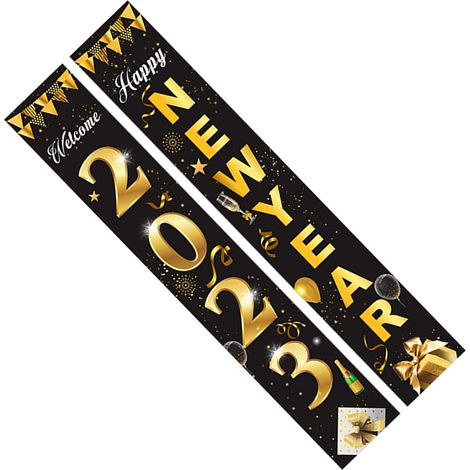 Willkommen 2023 Frohes Neues Jahr Zweiteiliger Türkranz, Schwarz-Goldenes zweiteiliges Neujahrsbanner, 100D Polyestergewebe für Heimdekoration (Modell 1) (1/5)