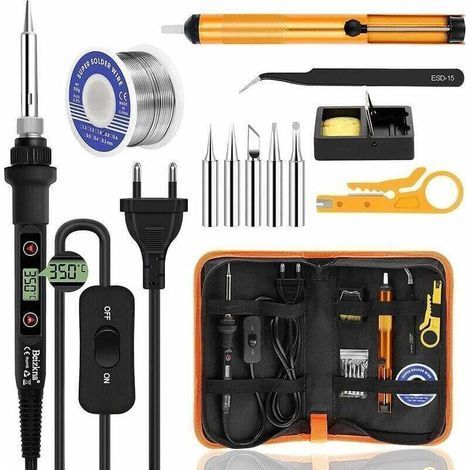 Kit de soudage 80 W, température réglable 180-480 °C, électronique de précision, avec interrupteur marche/arrêt, 5 pannes à souder, pompe à dessouder, fil à souder, station de soudage, pince à épiler (1/5)
