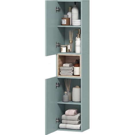 Meuble colonne salle de bain 2 portes avec compartiment et étagères réglables vert 30x24x140cm