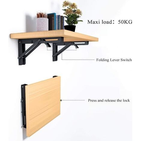 Deux équerres d'angle pliables de 400 mm, adaptées aux étagères murales, capacité de charge de 80 kg, noires, pliables, adaptées aux tables et aux étagères murales. (1/4)