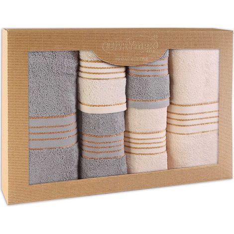 Juego de toallas de algodón, 6 piezas por caja, 50x90 + 70x140, color crema-gris. (1/5)