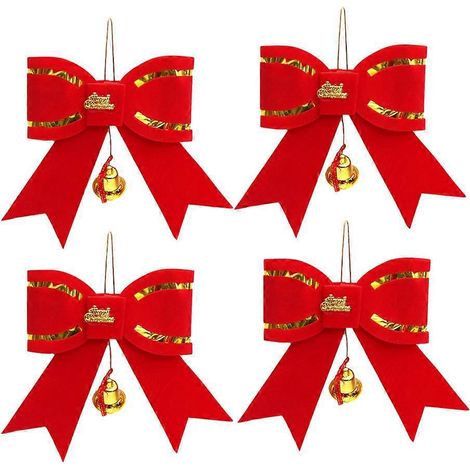 4 nœuds papillon de Noël avec mini clochettes décoratives pour couronne (rouge)-15X13CM-Red (1/3)