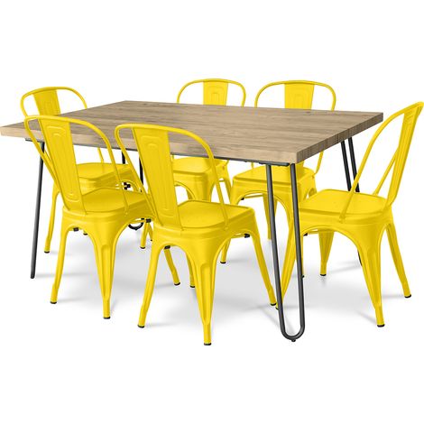 Pack Dining Table - Industrial Design 150cm + Pack of 6 Dining Chairs - Industrial Design - Hairpin Stylix Yellow (1/4)