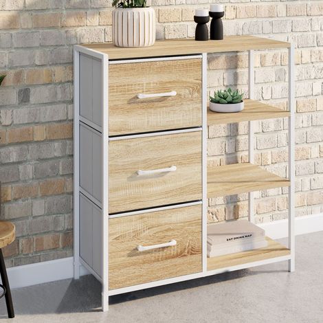 UTAH Aparador de 3 cajones con estantes, 70 cm, diseño industrial en madera y blanco