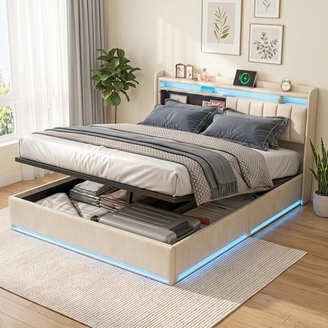 Cama canapé 160x200 cm con somier de láminas cabecero con almacenamiento puerto usb c led rgb terciopelo beige (1/5)