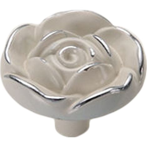 Poignée de tiroir fleur vintage Euro Rose, alliage de zinc 3D exquis, blanc ivoire avec finition argentée, un trou, pour cuisine, chambre et salle de bain. (1/5)