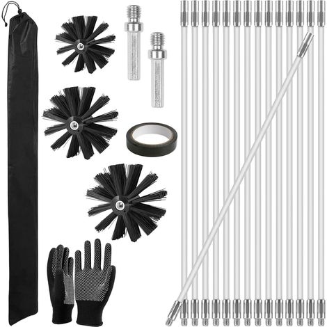 23Pcs Kit Brosse Nettoyage Cheminée avec 3 Têtes Brosses, 15 Tiges Canne Hérisson Ramonage Flexibles 410mm, Brosses Nettoyage Gaine Vmc Souple Balai Cheminées Tuyau Nylon pour Cheminée, Tuyaux, Poêle (1/5)
