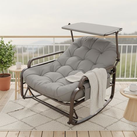 Schaukelstuhl mit Sonnenschutz, Schaukelstuhl mit Metallgestell, Rattanbezug, kuschelige Kissen, modernes Design, Grau (1/5)