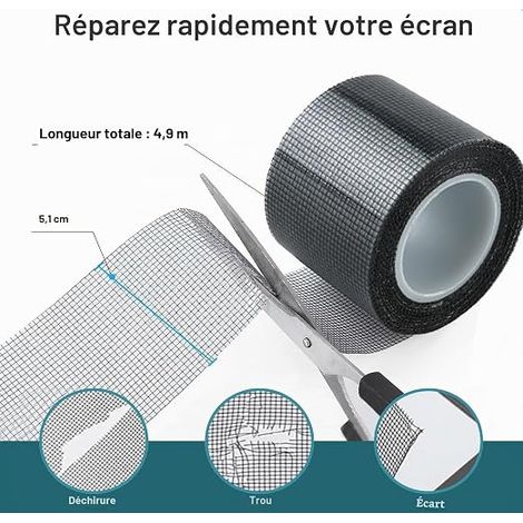 Ruban adhésif Répare moustiquaires fenetre en fibre de verre, 50mm x 5m Auto-adhésif avec Ruban Adhésif Réparation de Fenêtres et Moustiquaires les (Noir) (1/4)