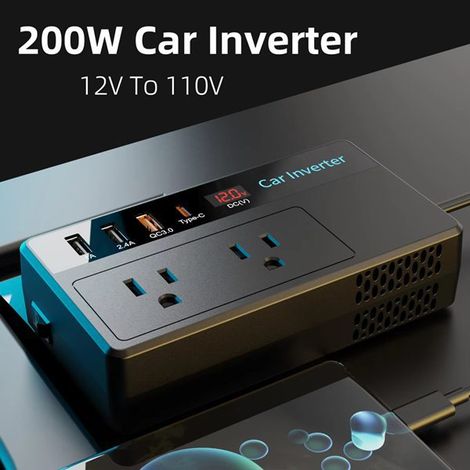 Bestseller: 200-Watt-Auto-Wechselrichter, multifunktionaler Stromwandler, PDQC3.0-Schnellladebuchse, Digitalanzeige. (1/4)