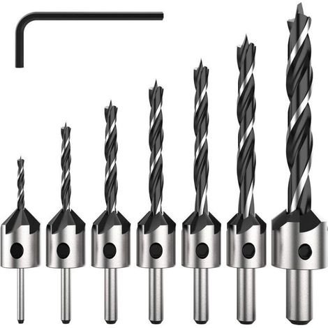 7-teiliges HSS-Bohrerset mit 5 Schneiden für Holzschrauben, Anfasbohrer für Schrauben verschiedener Längen durch einfaches Lösen und Festziehen der Schraube, Werkzeugset 3-6 mm. (1/4)