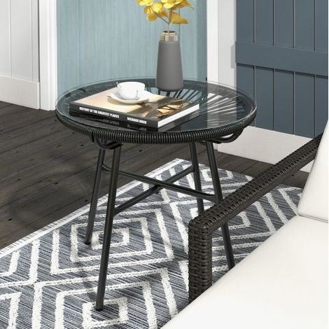 Gartentisch aus PE-Rattan in Schwarz, quadratisch, Beistelltisch mit gehärteter Glasplatte, Boho-Stil (1/5)