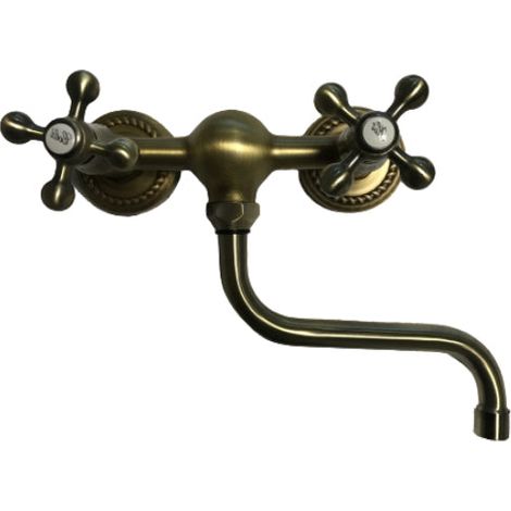 Bagnoclic – Robinet mural de cuisine en vieux laiton – Bec orientable 25 cm – Entraxe 15 cm – Aérateurs anticalcaire Néoperl