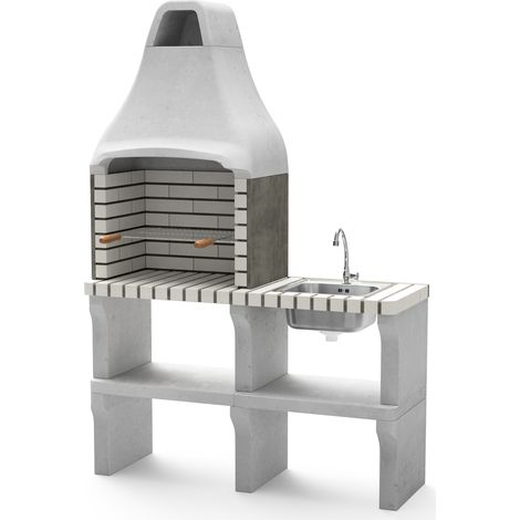 MOVELAR - Barbacoa de Obra Prefabricada de Leña y Carbón Modelo New Iberia Plus XL con Soporte Lateral y Fregadero (Gris, Beige - 128 x 47 x 190 cm) REF: M00467 - Cocina de Exterior para Jardín o Pati (1/3)
