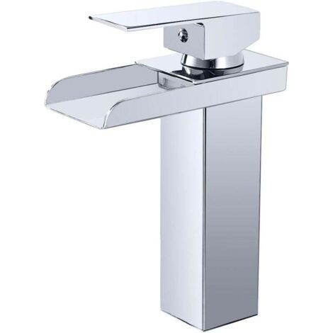 Mitigeur Lavabo Cascade Chromé Robinet Salle de Bain Laiton Bec Hauteur 140mm Eau Froide Chaude (1/4)