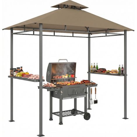 Abri barbecue extérieur, tonnelle de jardin 245x146x255cm en métal, double toit, 2 étagères latérales, marron