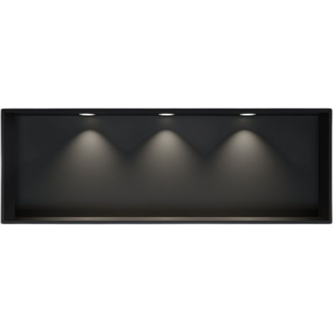 BERNSTEIN - Niche murale douche acier inox + 3 Spots LED, étagère rangement douche salle de bain encastrable - 30x90x10cm - Couleur au choix - Noir, 3x cadre d'installation spot blanc mat