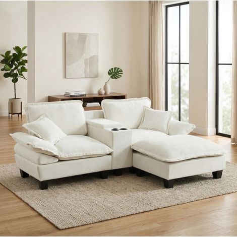 Divano modulare 224x151x90 cm beige in ciniglia con chaise longue, porta bicchieri, USB e contenitore (1/5)