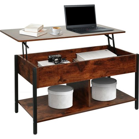Table Basse, Table de Salon avec Plateau Relevable, Tiroirs de Rangement, avec Rangement Ouvert et Compartiment Caché, 90x48x62cm (1/5)