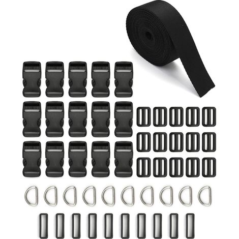 5M x 25mm Sangle en Nylon, 15 x Boucle Rapide, 15pcs Boucles Coulissantes, 10pcs Anneaux Carrés, 10pcs Anneaux D en métal, Kit de Boucle Sangle pour Bagage/Sac à Dos/Sangle de Collier de Chien (1/5)