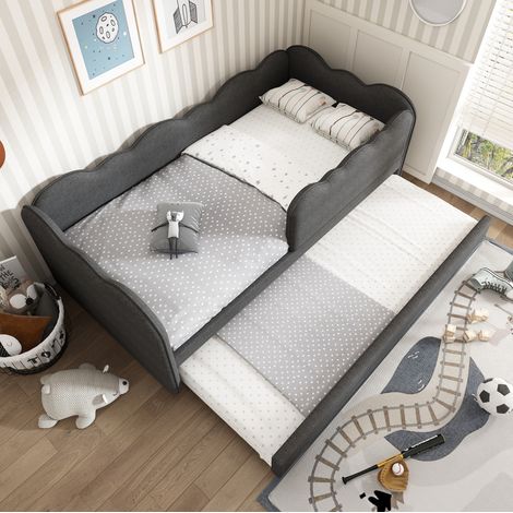 Letto giorno per bambini 90 x 190 cm, con letto estraibile e rete a doghe, in lino grigio, senza materasso (1/5)