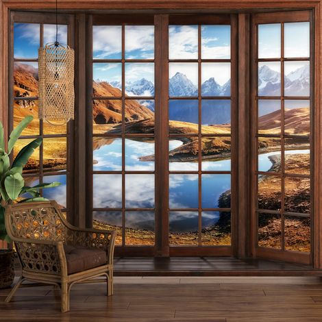 Papier peint panoramique Trompe l'oeil Fenêtre en bois - Lac Montagnes - 130 cm x 104 cm (1/5)