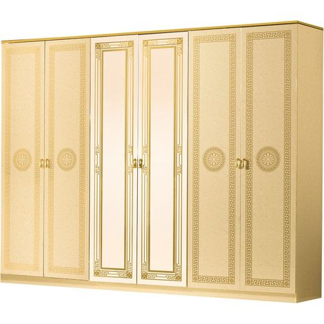 Les Tendances – Armoire de chambre 6 portes avec 2 miroirs – Laqué beige et doré – Dimensions L 272 x H 210 x P 54 cm – Fabrication italienne (1/4)