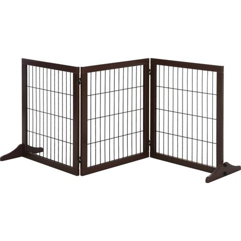 Barrière autoportante pliable 3 panneaux pour chiens avec pieds stabilisateurs, couleur marron, dimensions 185×71 cm