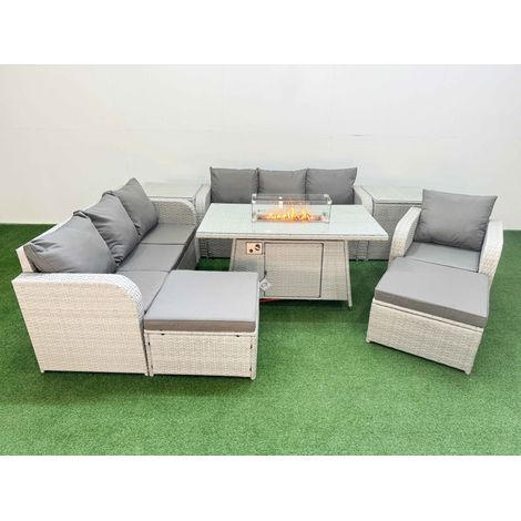 Fimous 9 Seater Poly Rattan Outdoor Garden Furniture Firepit Dining Table Sofa Set Patio 3 Seater Sofa Reclining Chair 3 Seater Sofa 2 Big Footstools 2 Side Table Light Grey (1/4)